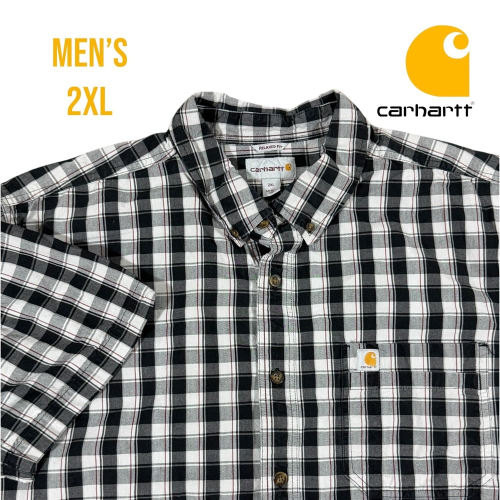 Carhartt Men's 2XL‎ Plaid Button Up Shirt Black White Short Sleeve Relaxed Fit